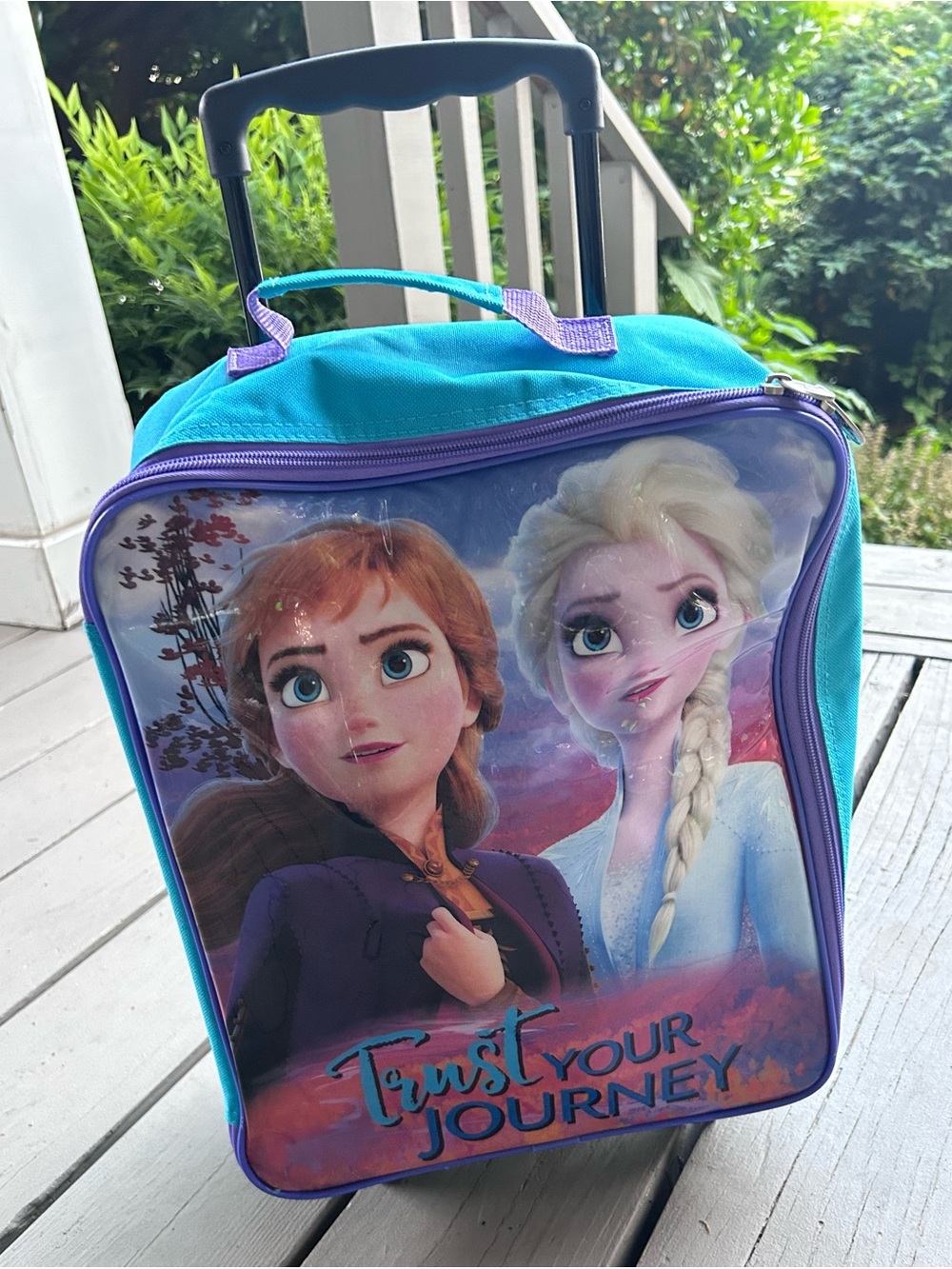Frozen Theme Kids Carry-On Luggage With Adjustable Handle - Teal & Purple